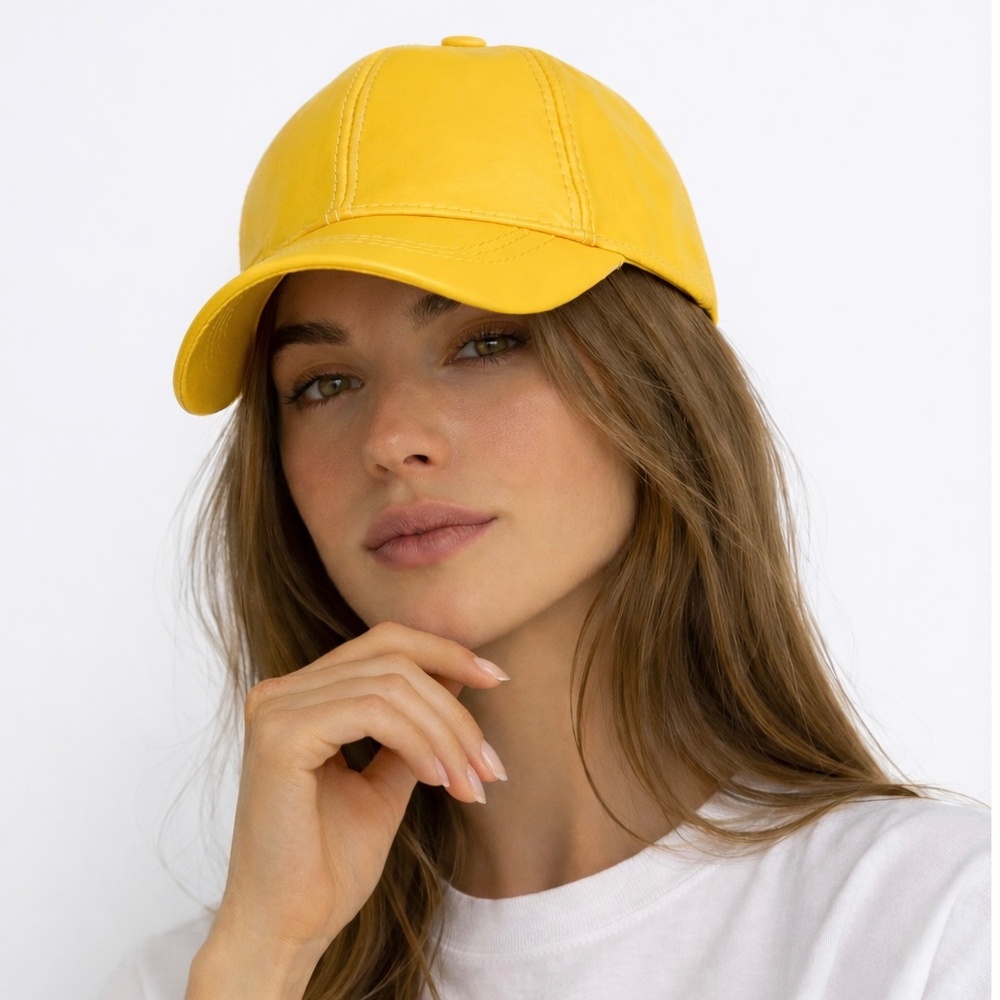 Yellow Genuine Sheepskin Leather Baseball Cap | Real Lambskin Adjustable Hat